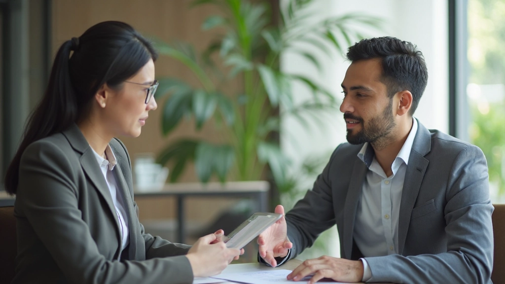 Experienced business English trainer providing constructive feedback to professional learner in collaborative training setting