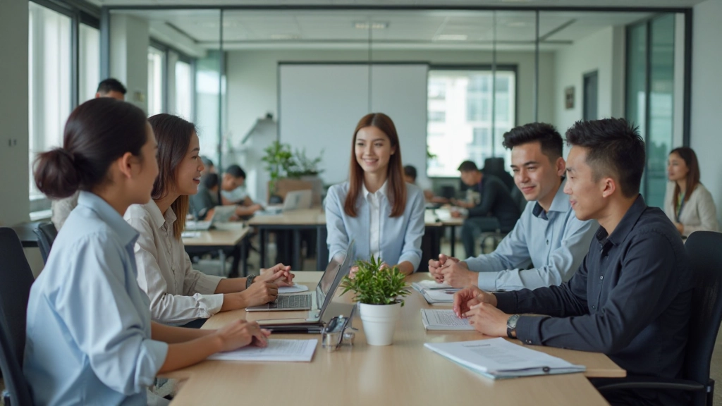 Professional business English training session in modern corporate environment with diverse professionals engaged in communication practice