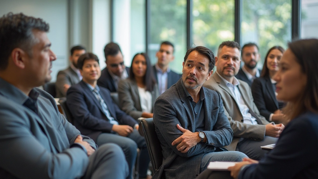 Group of diverse professionals in a training room, some standing, some seated, engaged in an interactive presentation session