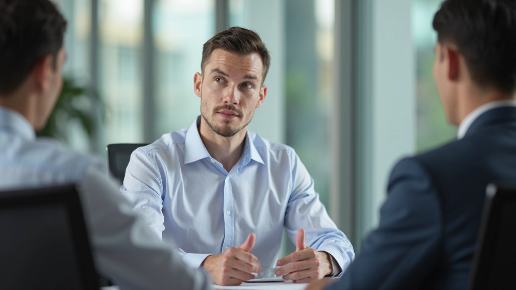 Man in business casual clothing sitting at desk, actively listening during a workplace meeting with professional focus