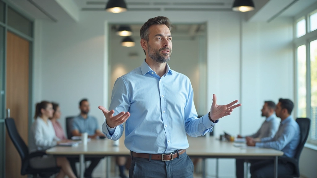 Professional man in business casual clothing presenting to colleagues in a bright office meeting room