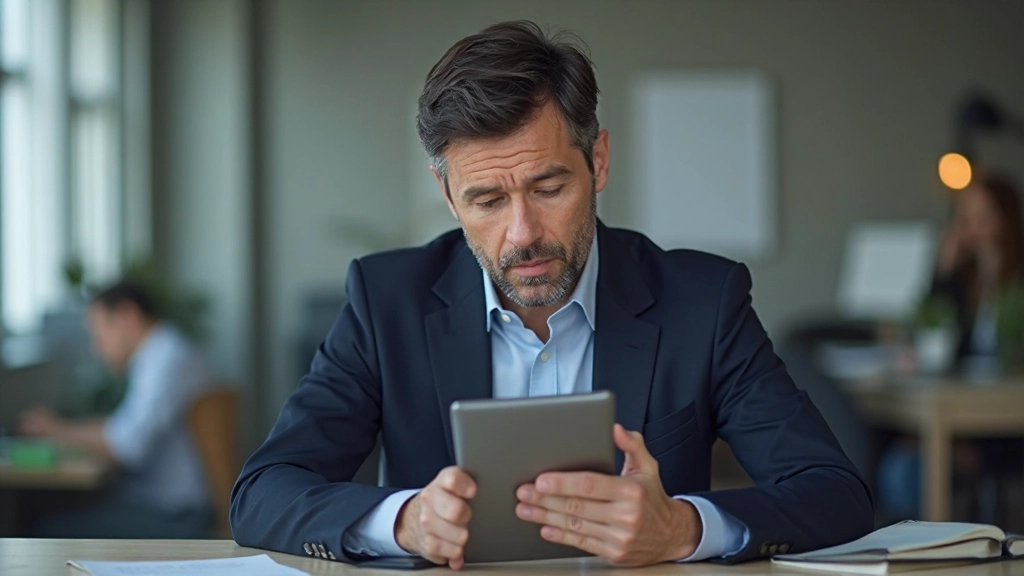 Person reading email on tablet device with thoughtful expression in office setting