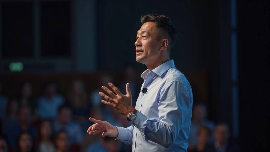 Person presenting on stage with confident body language, hands gesturing naturally, audience members visible in soft focus