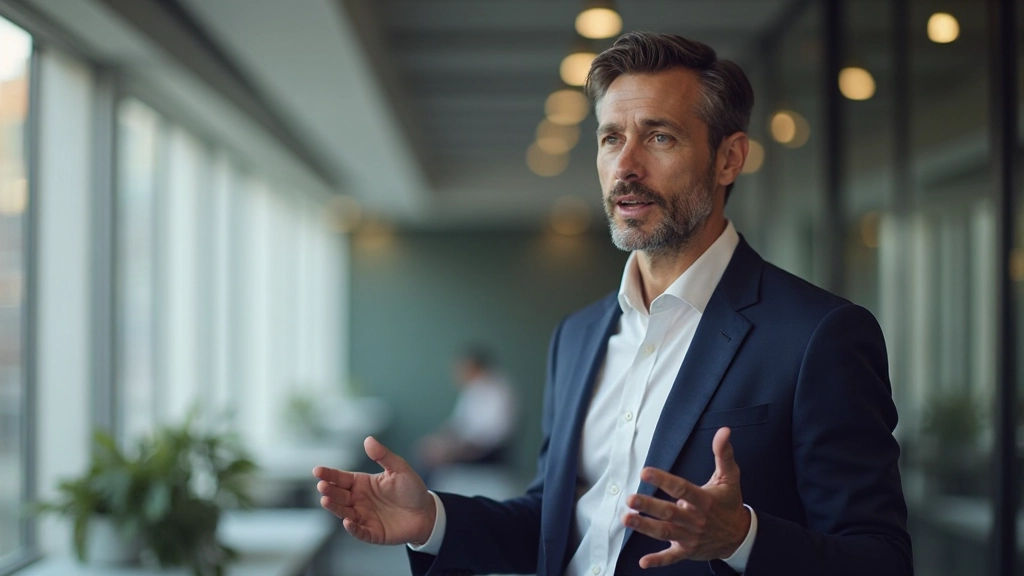 Businessman presenting ideas during negotiation with confident body language and professional demeanor