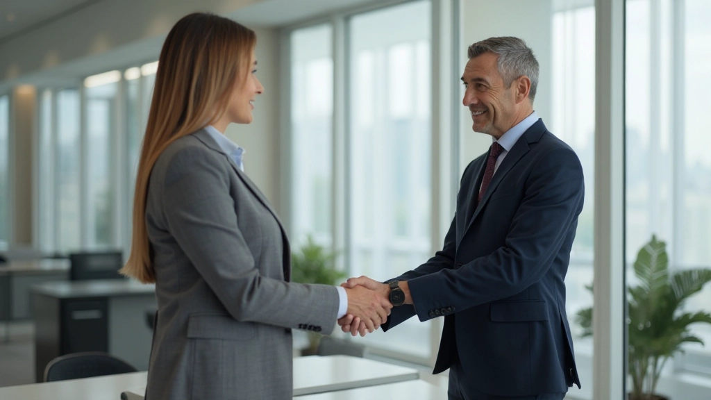 Close-up of professionals shaking hands after reaching agreement in a modern office setting with warm natural lighting