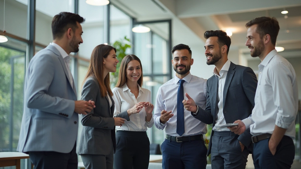 Diverse group of corporate professionals collaborating and communicating effectively in modern business setting