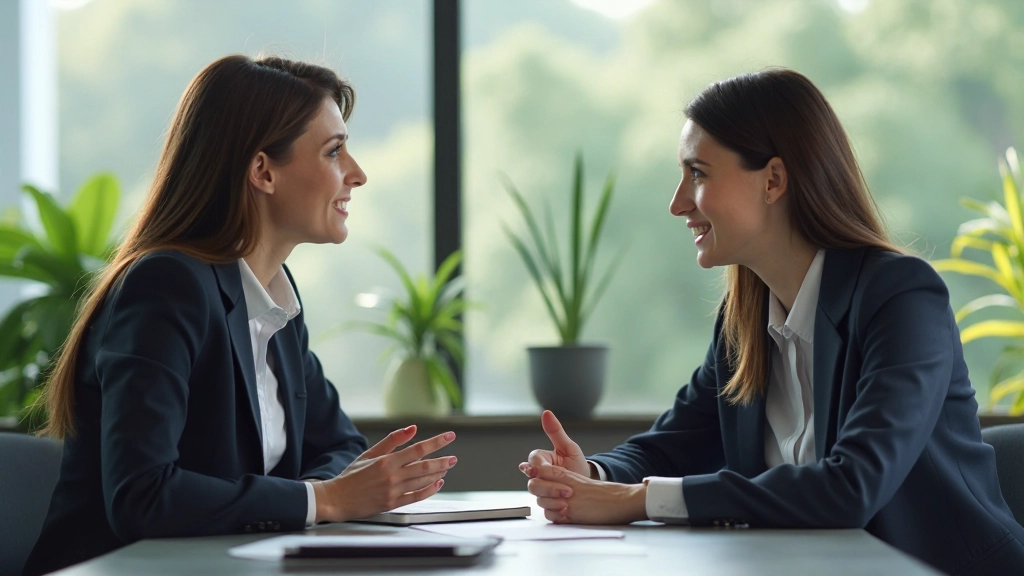 Two professionals having a focused conversation across a clean modern desk in an office