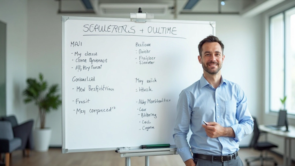 Whiteboard with presentation outline sketched in markers, showing hierarchical structure of main points and supporting details