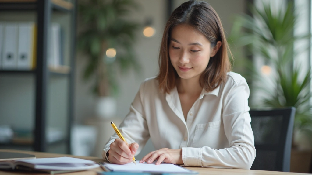 Business professional taking notes during email writing with focused concentration