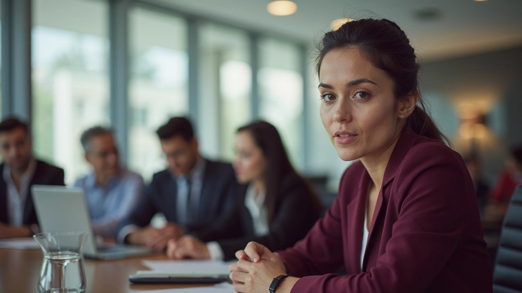 Professional woman listening attentively during team discussion in collaborative workspace