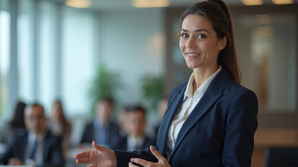Professional woman in business attire speaking confidently in a modern office conference room