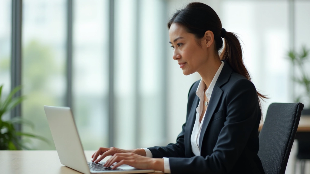 Professional person writing on laptop in bright workspace environment