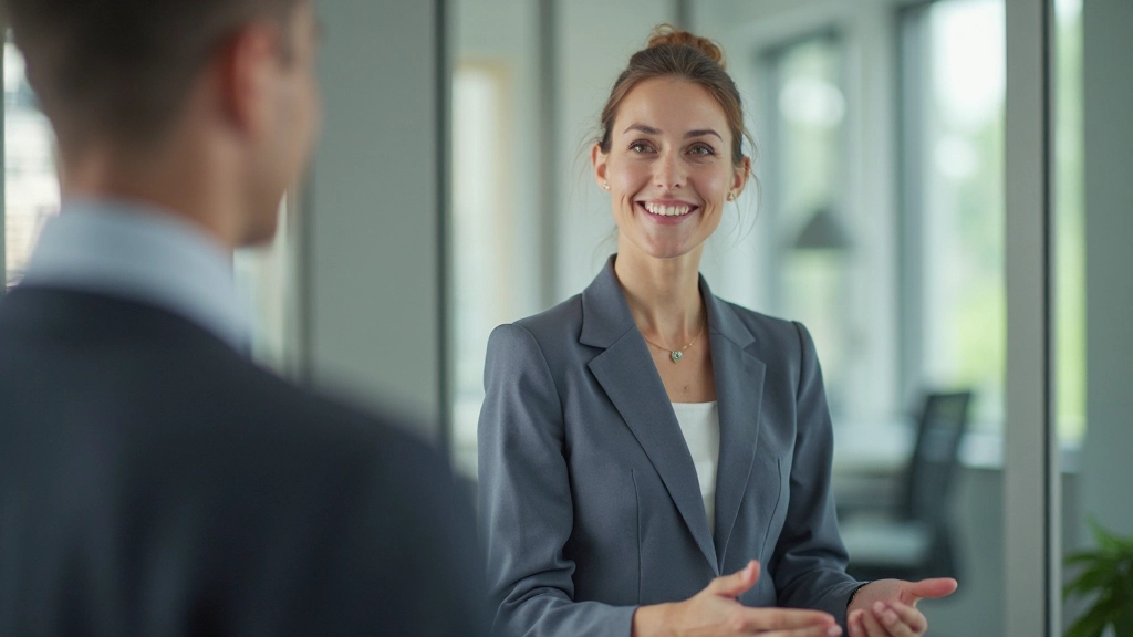 Two professionals in a modern meeting room, one standing confidently while presenting, the other listening attentively from the audience